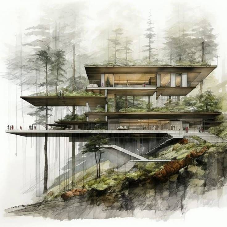 Architectural visualization — modern house sketch